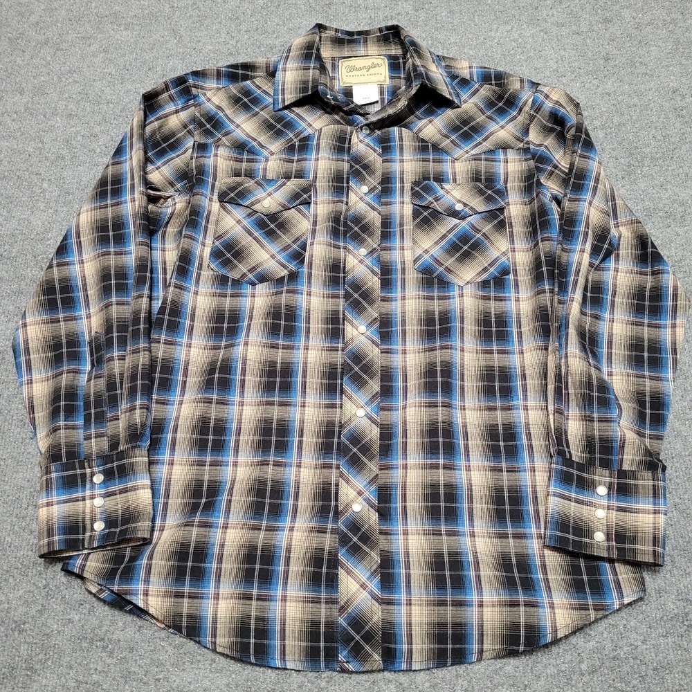 Wrangler Shirt Mens M Pearl Snap Plaid Cotton Blend Rodeo Western